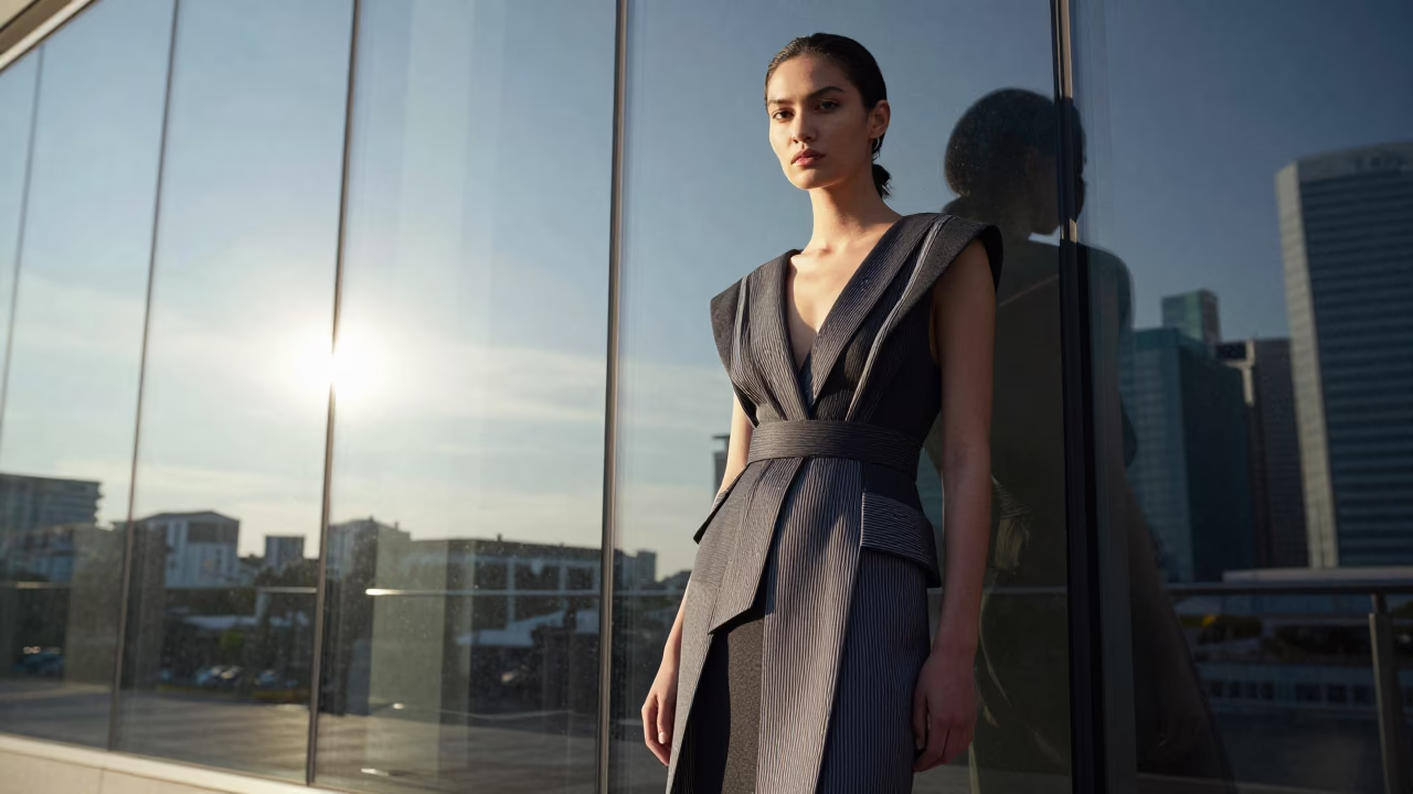 High Fashion Editorial Portrait in Singapore Late Afternoon Light with Urban Architecture in in Singapore, Singapore
