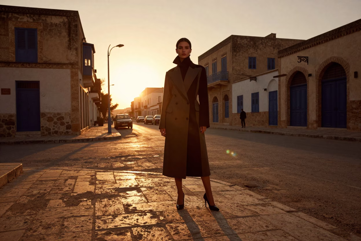 High Fashion Editorial Portrait in Tunis Tunisia Sunset Street Scene in in Tunis, Tunisia