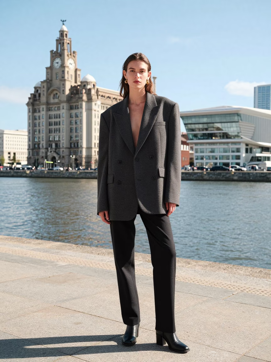 High Fashion Editorial Portrait on Liverpool Waterfront with Modern Architecture and Bright Midmorning Light in in Liverpool, United Kingdom