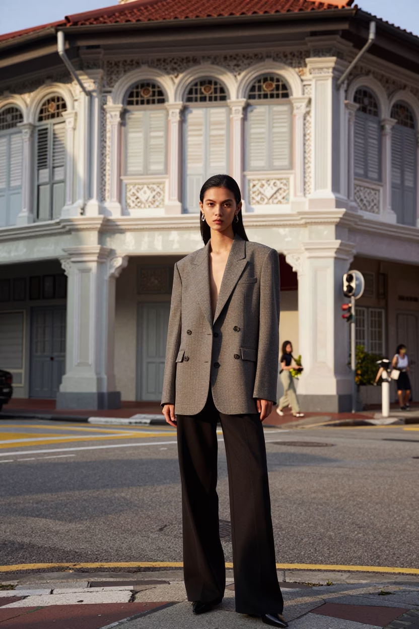 High Fashion Editorial Portrait on Singapore Street Corner in Early Afternoon Sunlight in in Singapore, Singapore