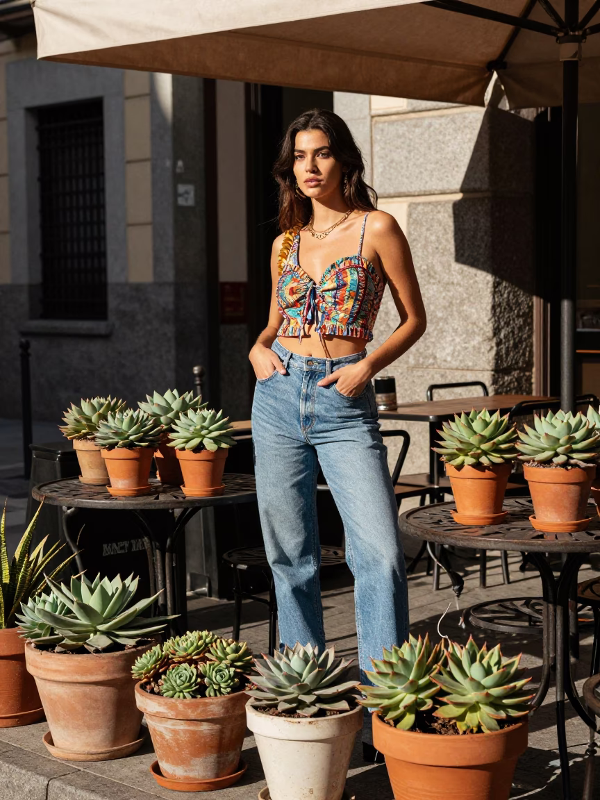 High Fashion Editorial Shoot in Madrid Spain Early Afternoon with Potted Succulents and Blueberries in in Madrid, Spain