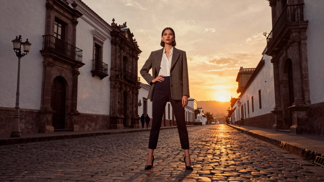 High Fashion Editorial Shoot in Quito Ecuador Street Scene at Sunset in in Quito, Ecuador