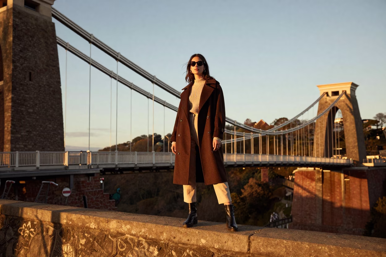 High Fashion Editorial Shot in Bristol UK Honeyed Evening Light on Clifton Suspension Bridge in in Bristol, United Kingdom