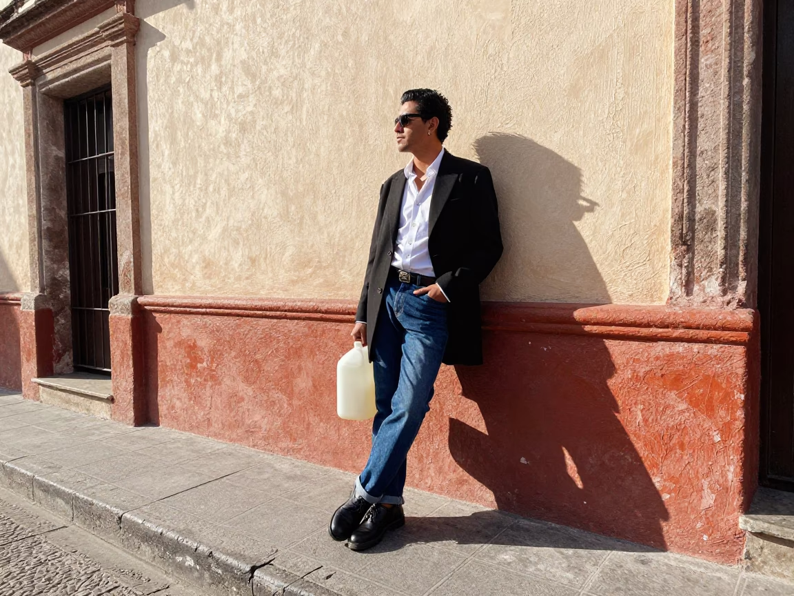 High Fashion Editorial Shot in Guadalajara Mexico Early Afternoon Street Scene with Cooler Jug in in Guadalajara, Mexico