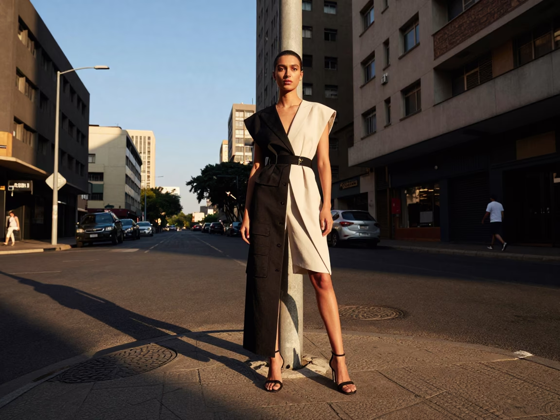 High Fashion Editorial Shot in Johannesburg Late Afternoon Street Scene with Newspaper Stack in in Johannesburg, South Africa