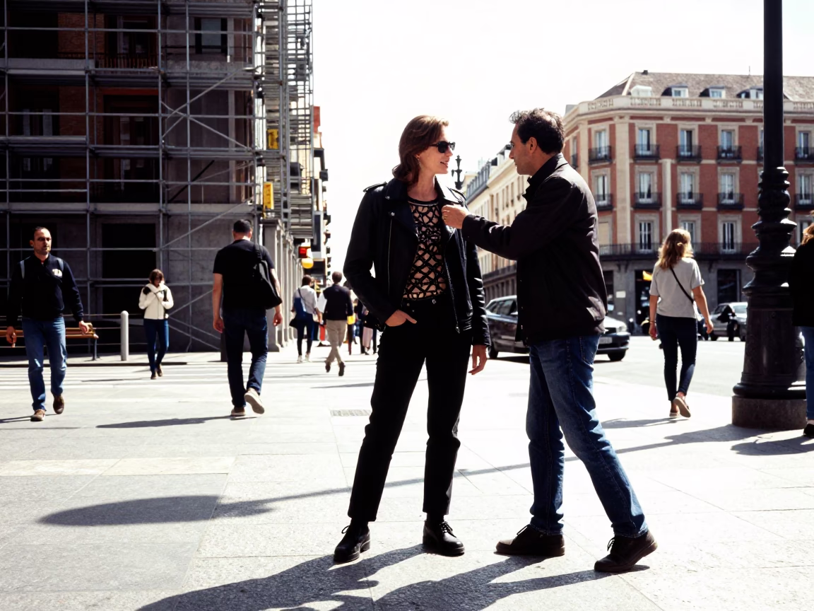 High Fashion Editorial Shot in Madrid Spain Midday Sunlight and Urban Street Details in in Madrid, Spain