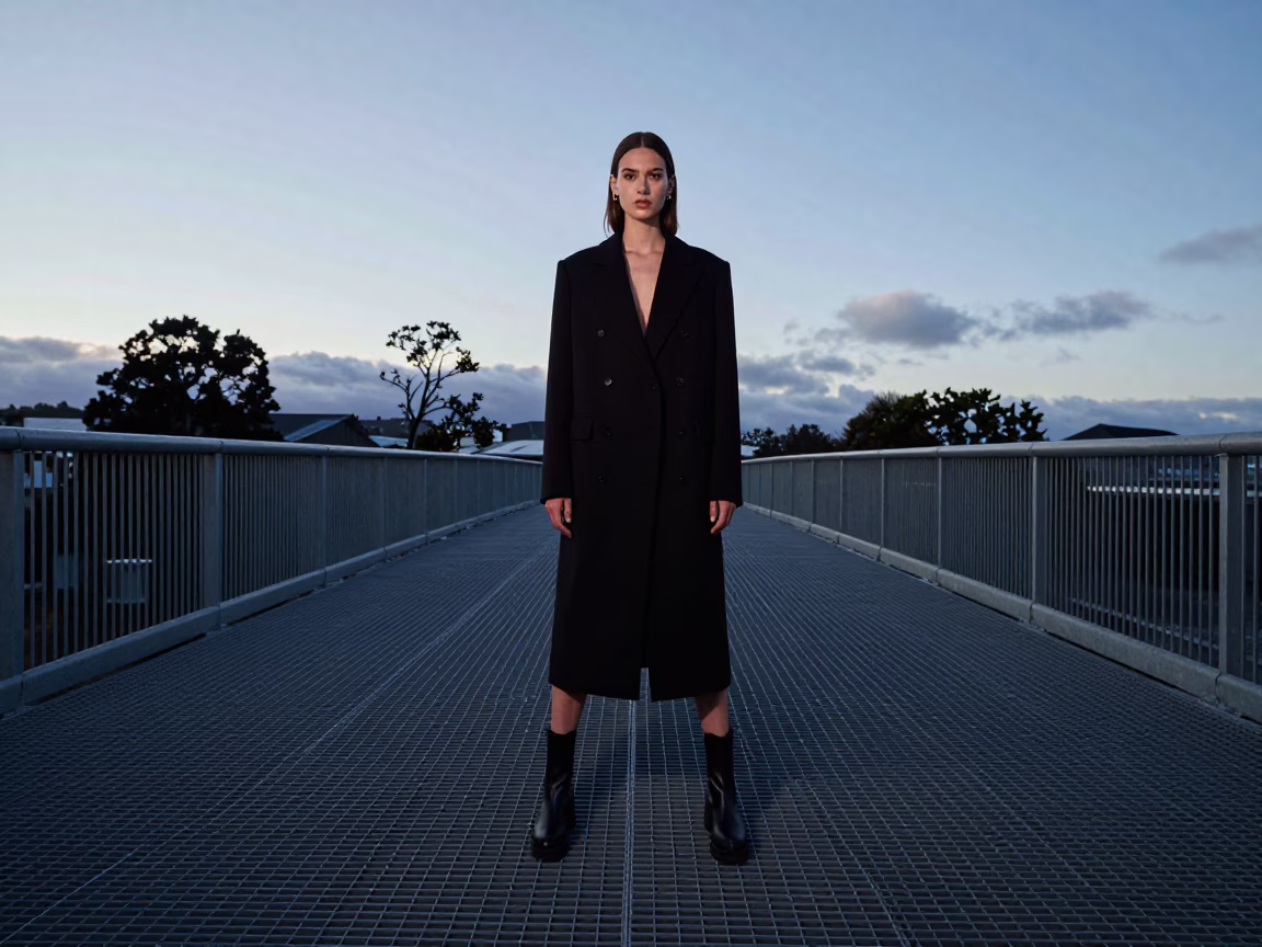 High Fashion Editorial Shot in Pre-Dawn Christchurch Bridge Maintenance Cradle in in Christchurch, New Zealand
