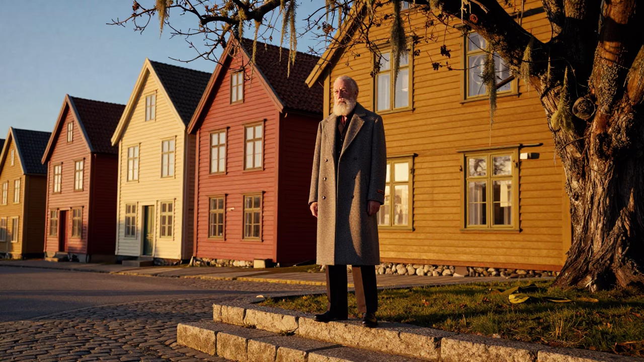 High Fashion Editorial Sunset Portrait with Old Man Beard Lichen in Bergen Norway in in Bergen, Norway