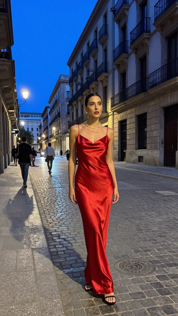High Fashion Evening in Barcelona Spain Blue Light Street Style Candid Moment in in Barcelona, Spain