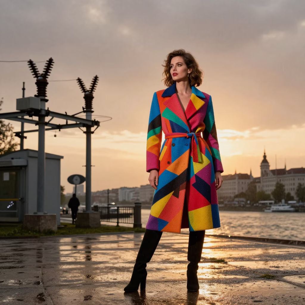 High Fashion Evening in Budapest with Substation Insulators and Rain in in Budapest, Hungary