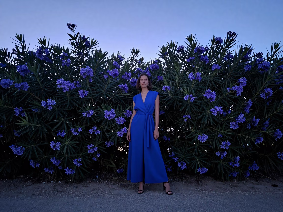 High Fashion Evening in Valencia Spain Indigo Twilight Oleander Hedge Mediterranean Lane in in Valencia, Spain