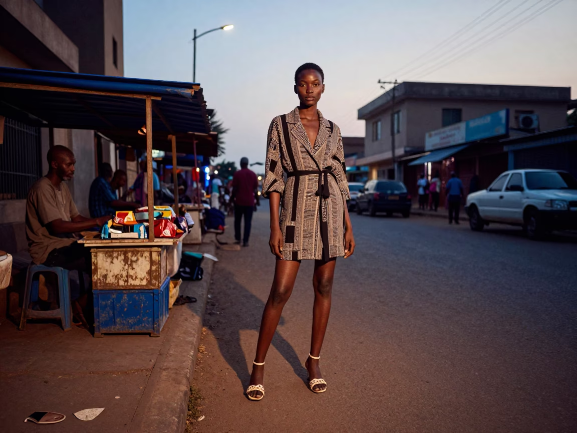 High Fashion Evening Portrait in Accra Ghana with Local Street Details in in Accra, Ghana