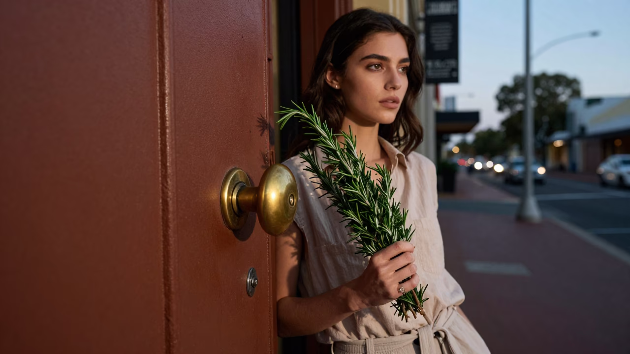 High Fashion Evening Portrait in Adelaide South Australia with Rosemary and Rustic Doorknob Details in in Adelaide, South Australia, Australia