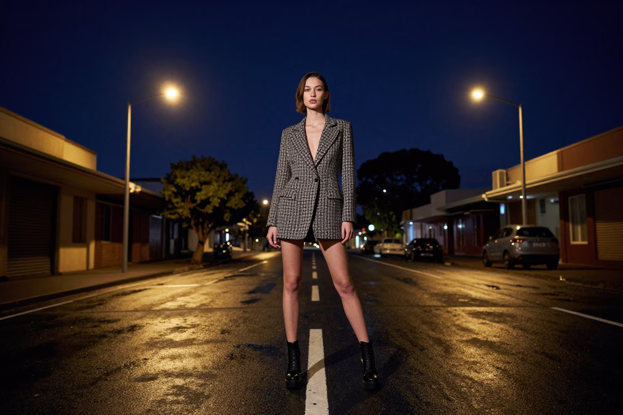 High Fashion Evening Portrait in Adelaide Under Deep Night Sky in in Adelaide, South Australia, Australia