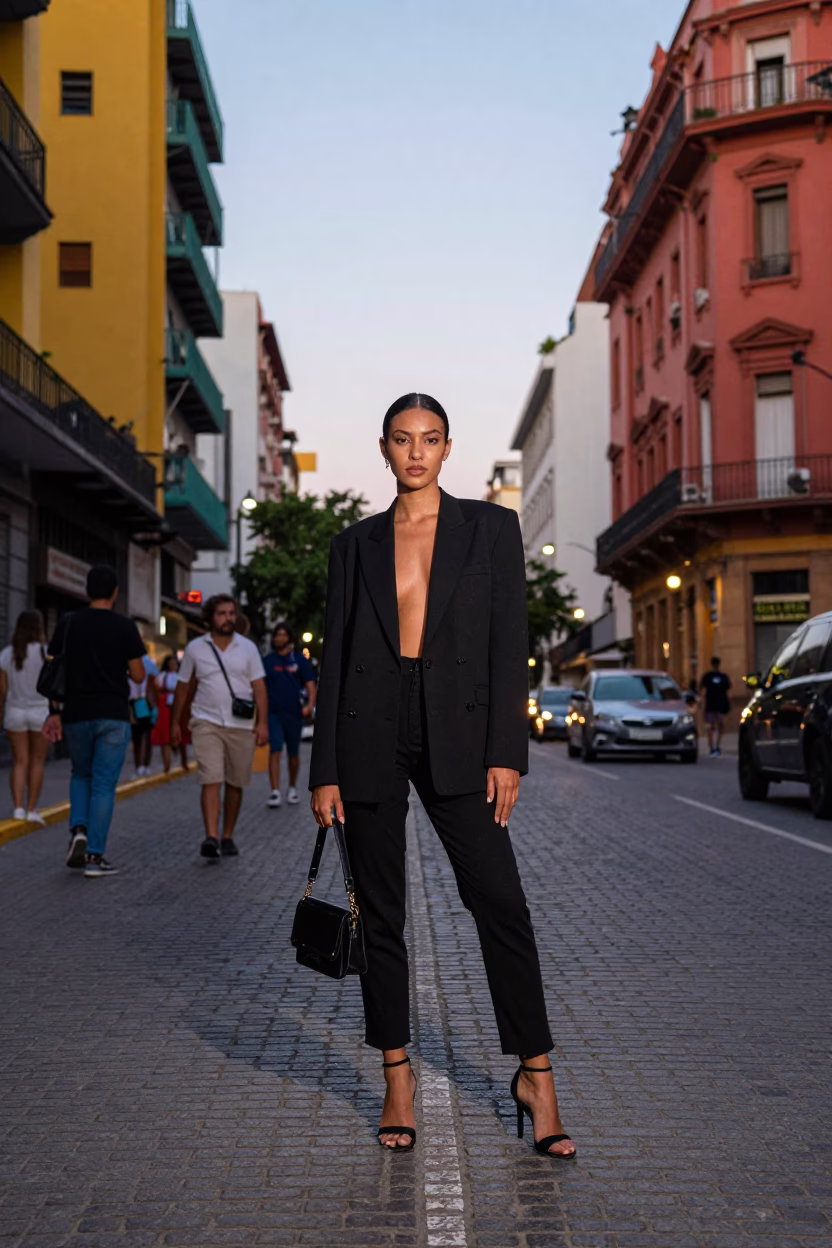 High Fashion Evening Portrait in Buenos Aires Argentina with Colorful Urban Backdrop in in Buenos Aires, Argentina