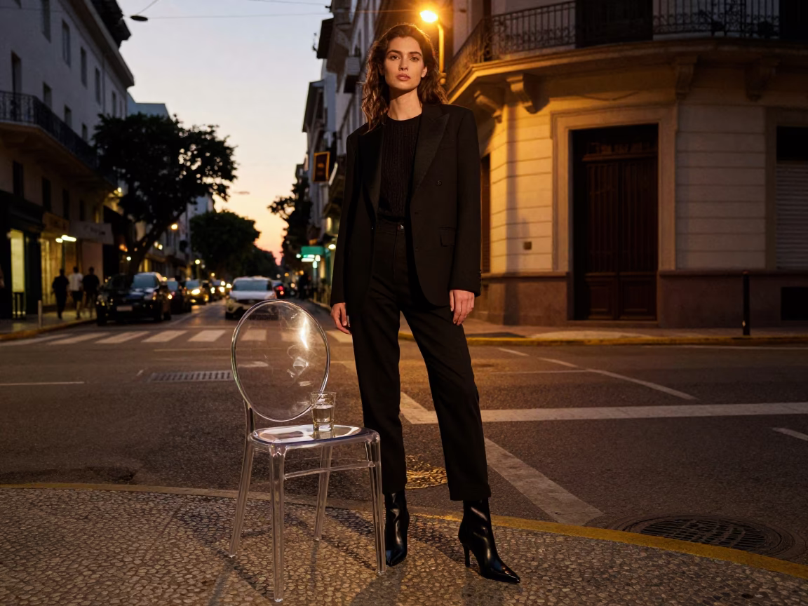 High Fashion Evening Portrait in Buenos Aires with Mezcal and Glass Chair in in Buenos Aires, Argentina
