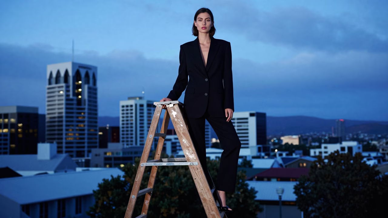 High Fashion Evening Portrait in Christchurch New Zealand with Wooden Ladder and Urban Backdrop in in Christchurch, New Zealand