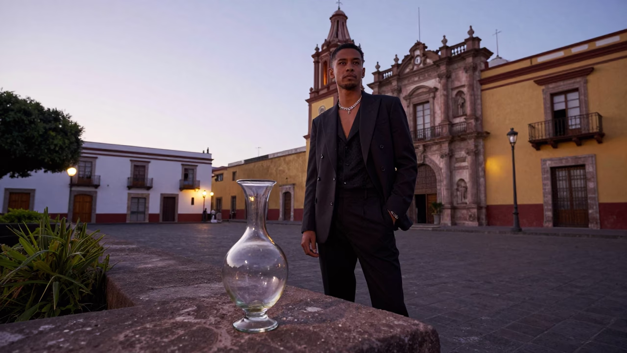 High Fashion Evening Portrait in Guadalajara Mexico with Vintage Carafe in in Guadalajara, Mexico