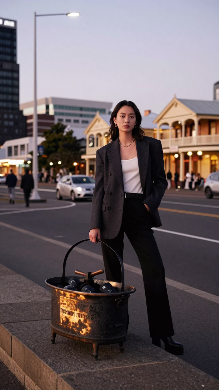 High Fashion Evening Portrait in Hobart Tasmania Australia with Coal Scuttle in in Hobart, Tasmania, Australia