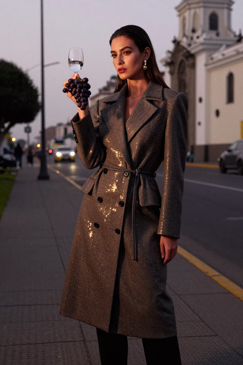 High Fashion Evening Portrait in Lima Peru with Grapes and Glass Cloche in in Lima, Peru