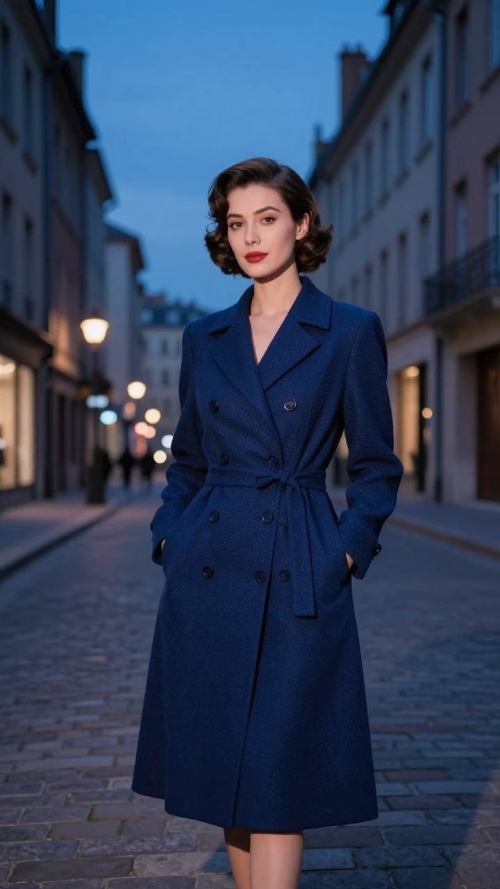 High Fashion Evening Portrait in Lyon France Indigo Twilight Street Scene in in Lyon, France