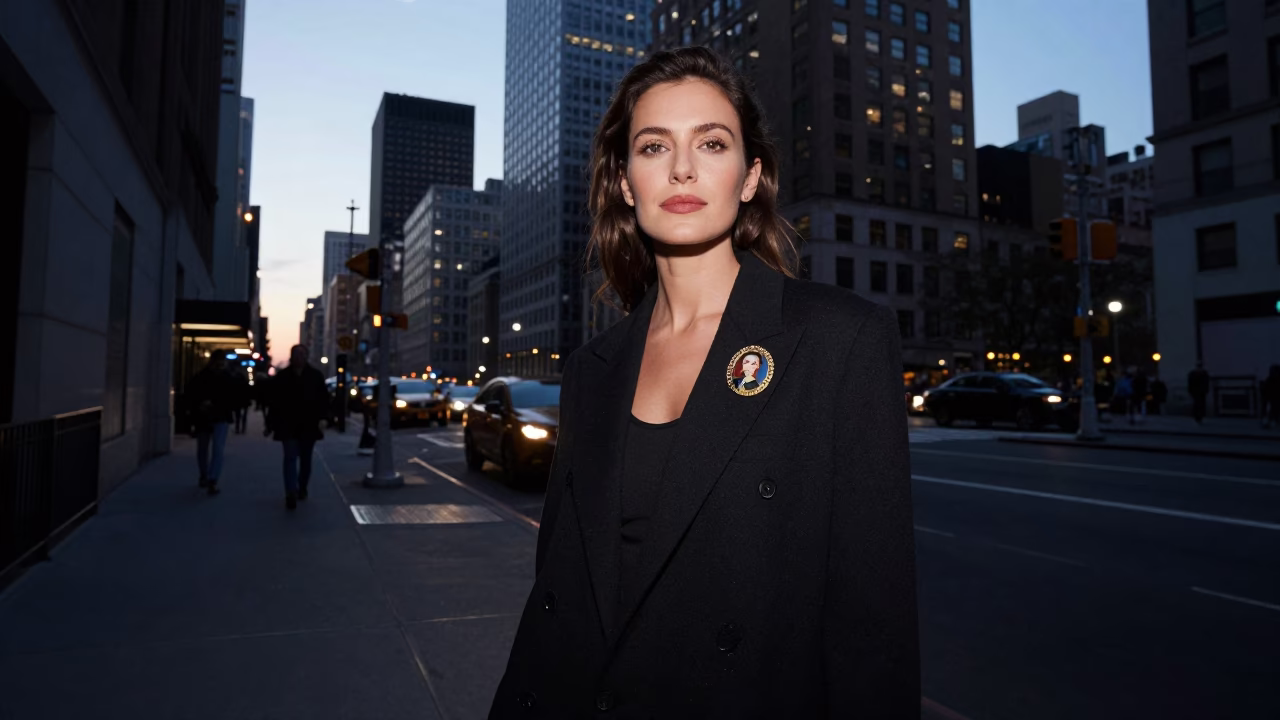 High Fashion Evening Portrait in New York City with Cameo Pin Detail in in New York, New York, United States