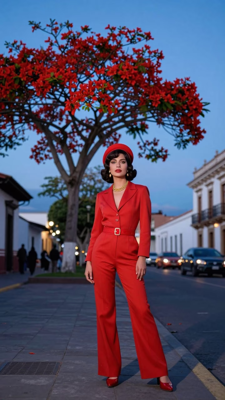 High Fashion Evening Portrait in Quito Ecuador Blue Hour Street Scene in in Quito, Ecuador