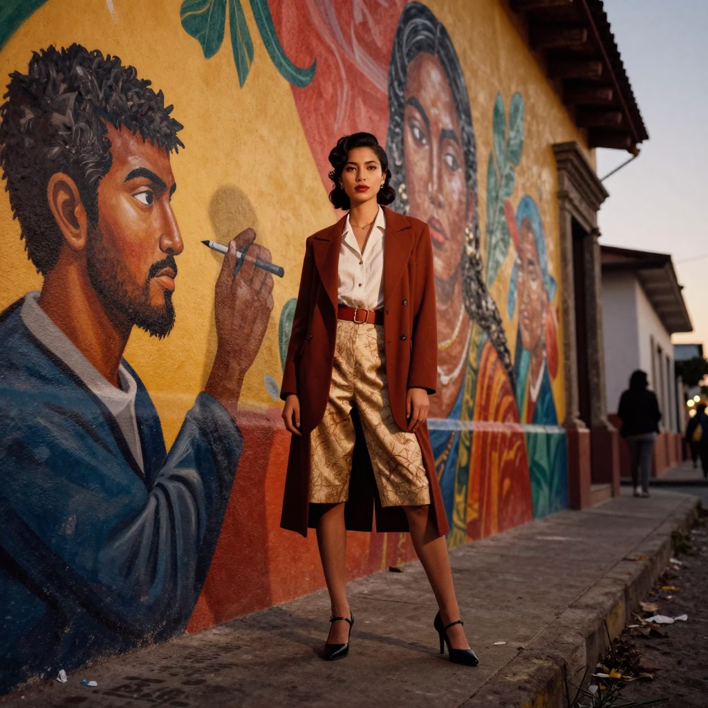 High Fashion Evening Portrait in Quito Ecuador with Street Mural Background in in Quito, Ecuador