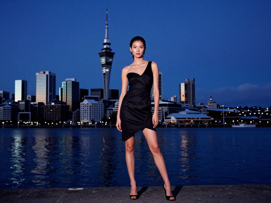 High Fashion Evening Portrait of Model in Auckland New Zealand Skyline in in Auckland, New Zealand