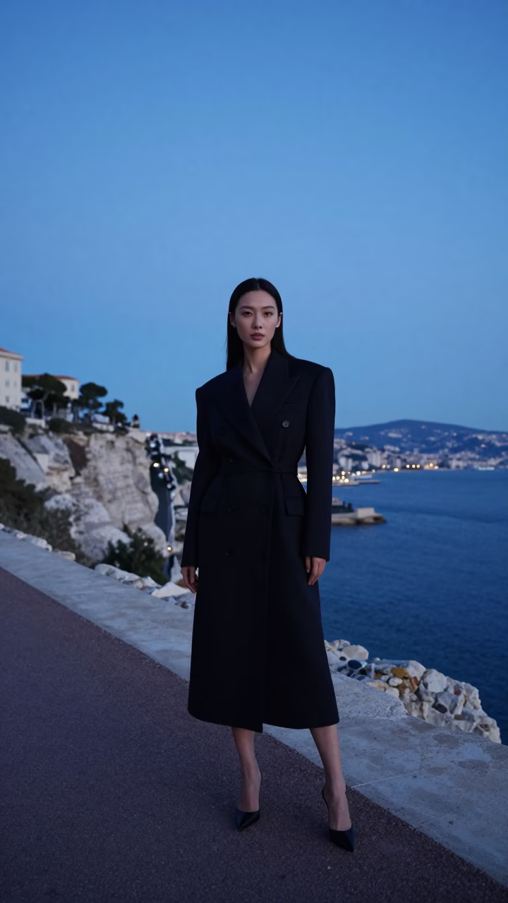 High Fashion Evening Portrait of Model Near Cliffside Funicular in Marseille in in Marseille, France
