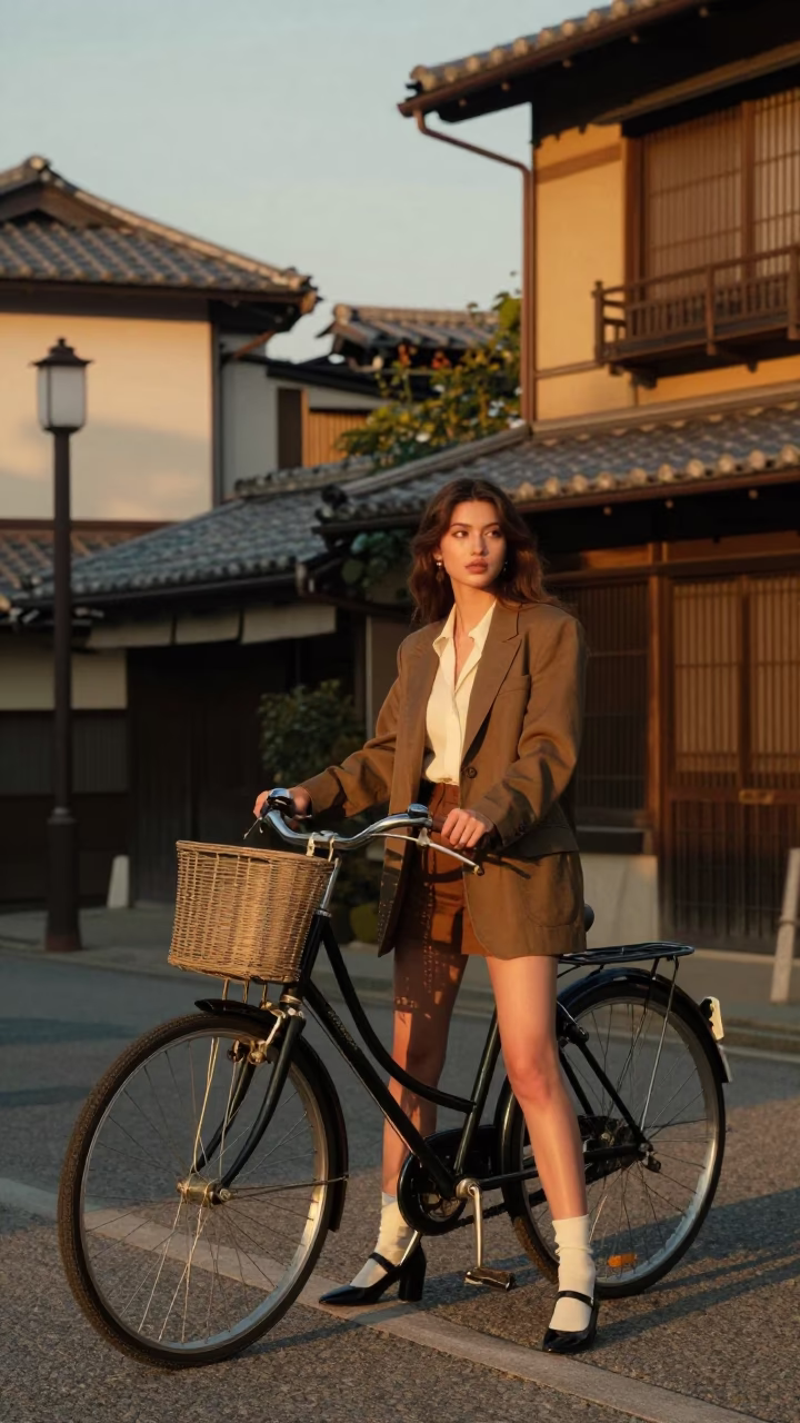 High Fashion Evening Portrait of Model with Bicycle in Fukuoka Japan in in Fukuoka, Japan