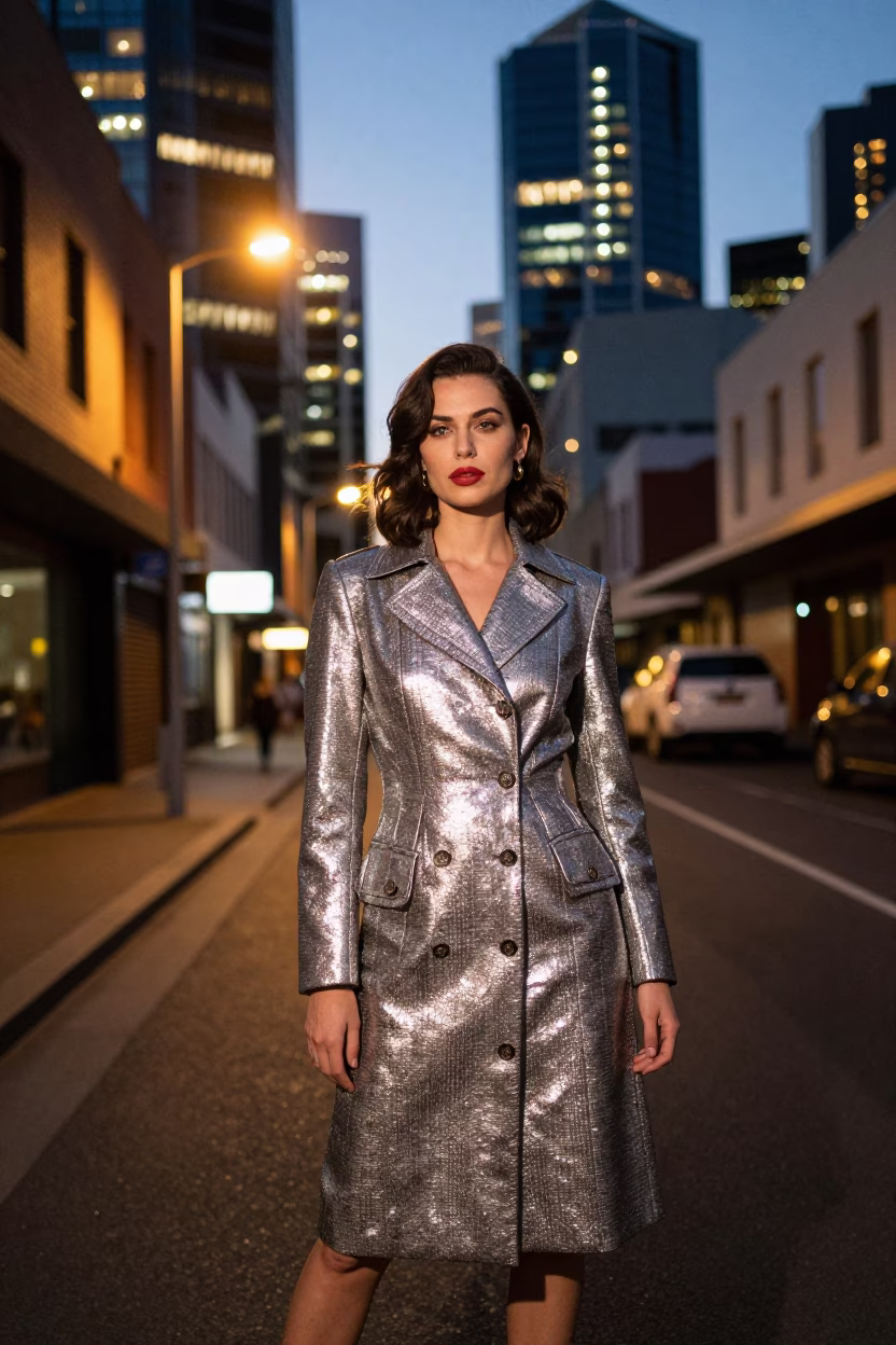 High Fashion Evening Portrait on Melbourne Laneway with City Lights and Artichokes in in Melbourne, Victoria, Australia