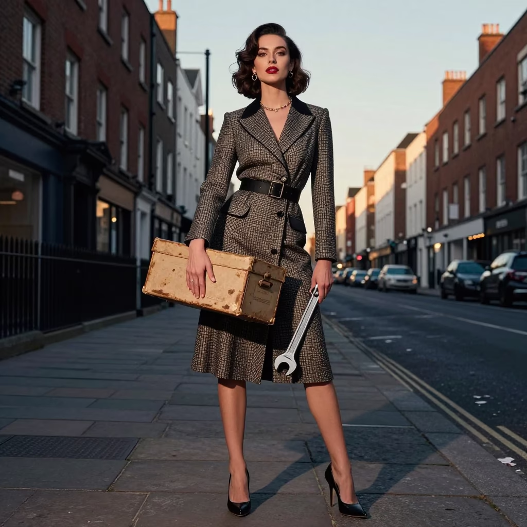 High Fashion Evening Portrait with Shoebox and Wrench in Dublin Ireland in in Dublin, Ireland