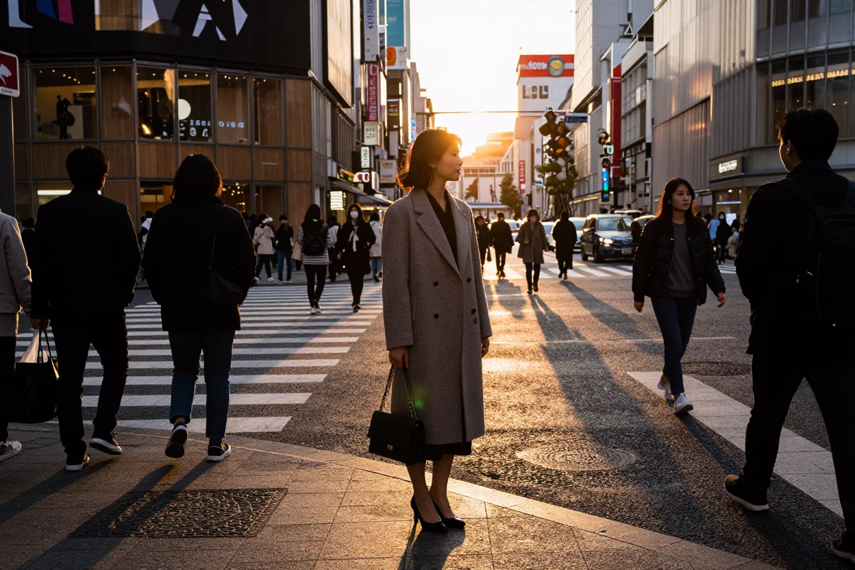 High Fashion Evening Street Scene in Osaka Japan at Sunset with Cardigans in in Osaka, Japan