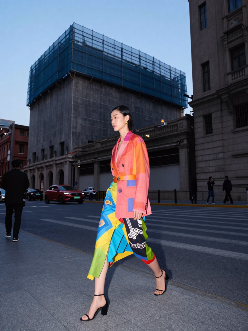 High Fashion Evening Street Scene in Shanghai China with Urban Construction and Harbor Activity in in Shanghai, China