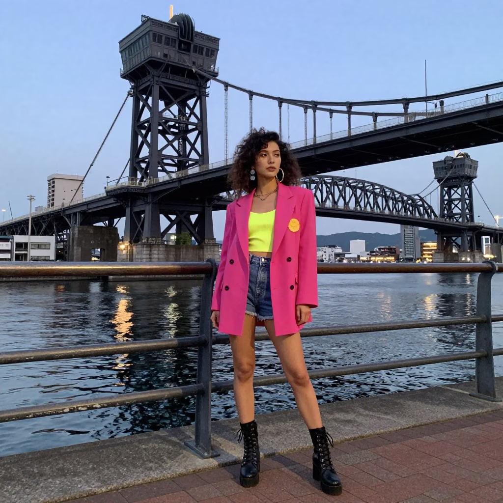 High Fashion Evening Street Style in Fukuoka Japan Near Harbor Bridge in in Fukuoka, Japan