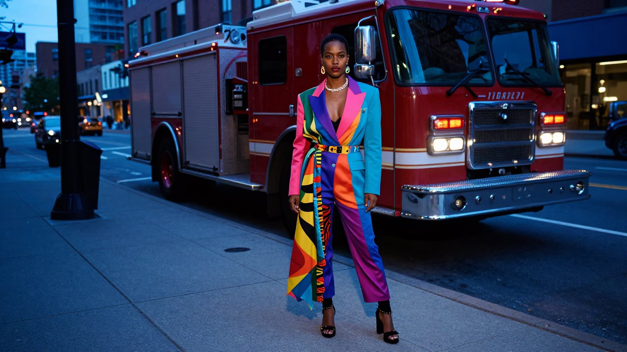 High Fashion Evening Street Style in Toronto Ontario Near Fire Engine Ladder in in Toronto, Ontario, Canada