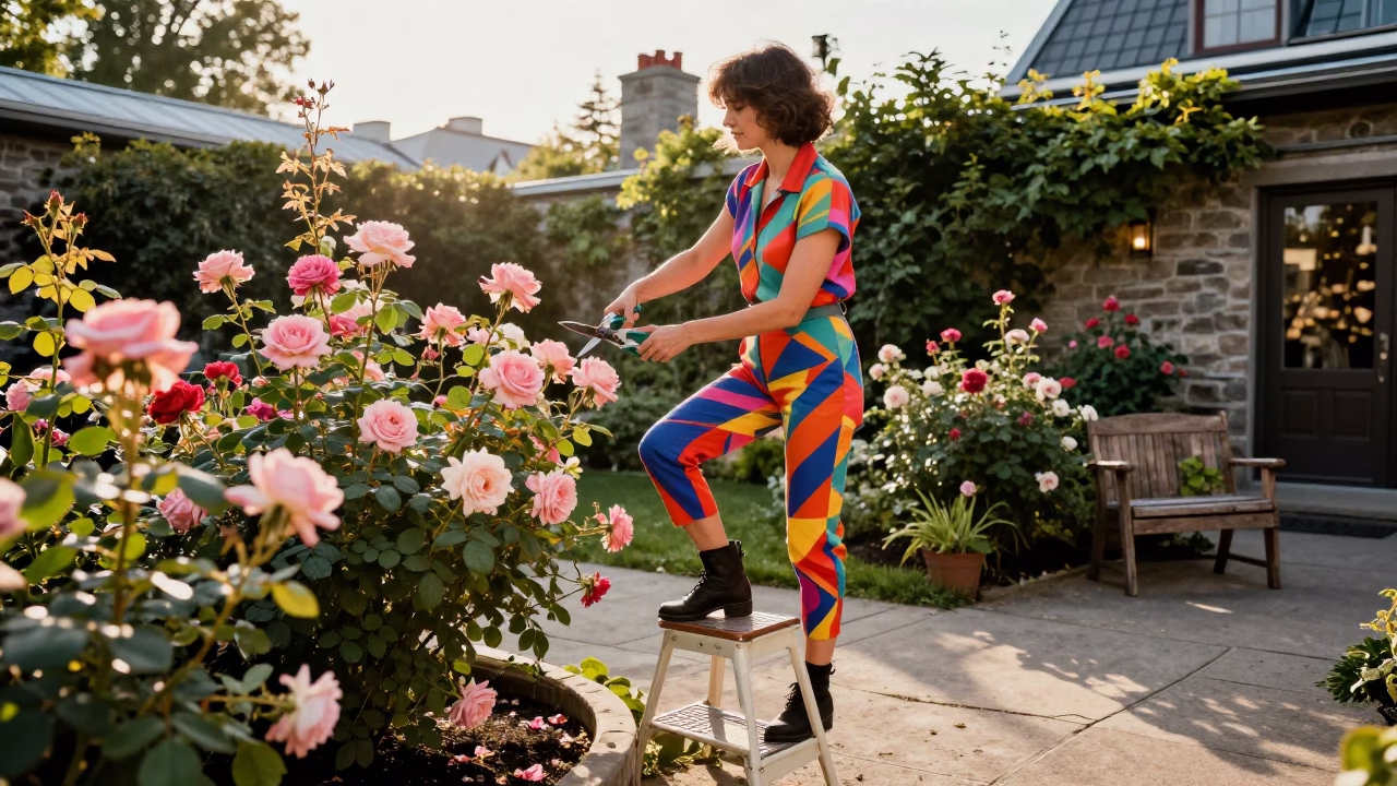 High Fashion Gardener Pruning Roses in Quebec City Morning Light in in Quebec City, Quebec, Canada