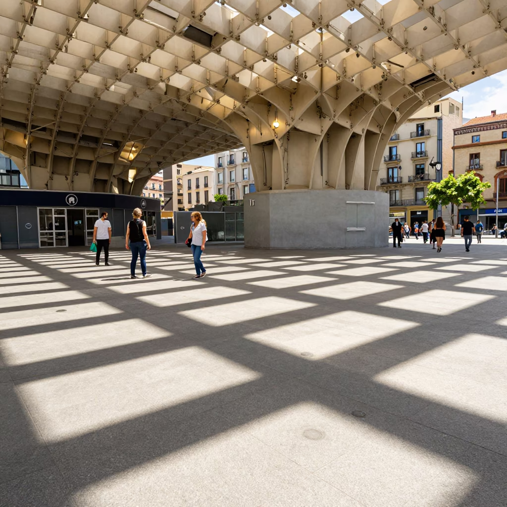 High Fashion Geometric Scaffold Shadows on Barcelona Plaza at Noon in in Barcelona, Spain