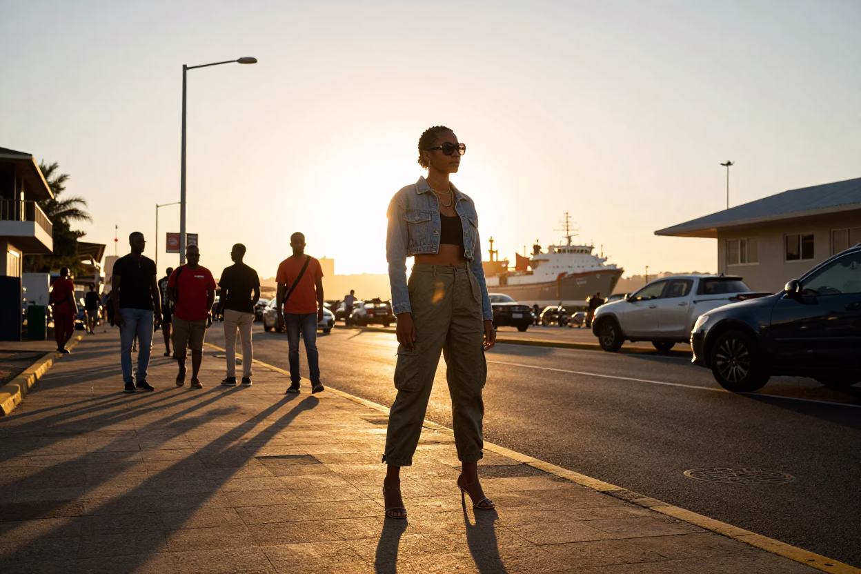 High Fashion Golden Hour Street Style in Durban South Africa with Cargo Ship Horizon in in Durban, South Africa