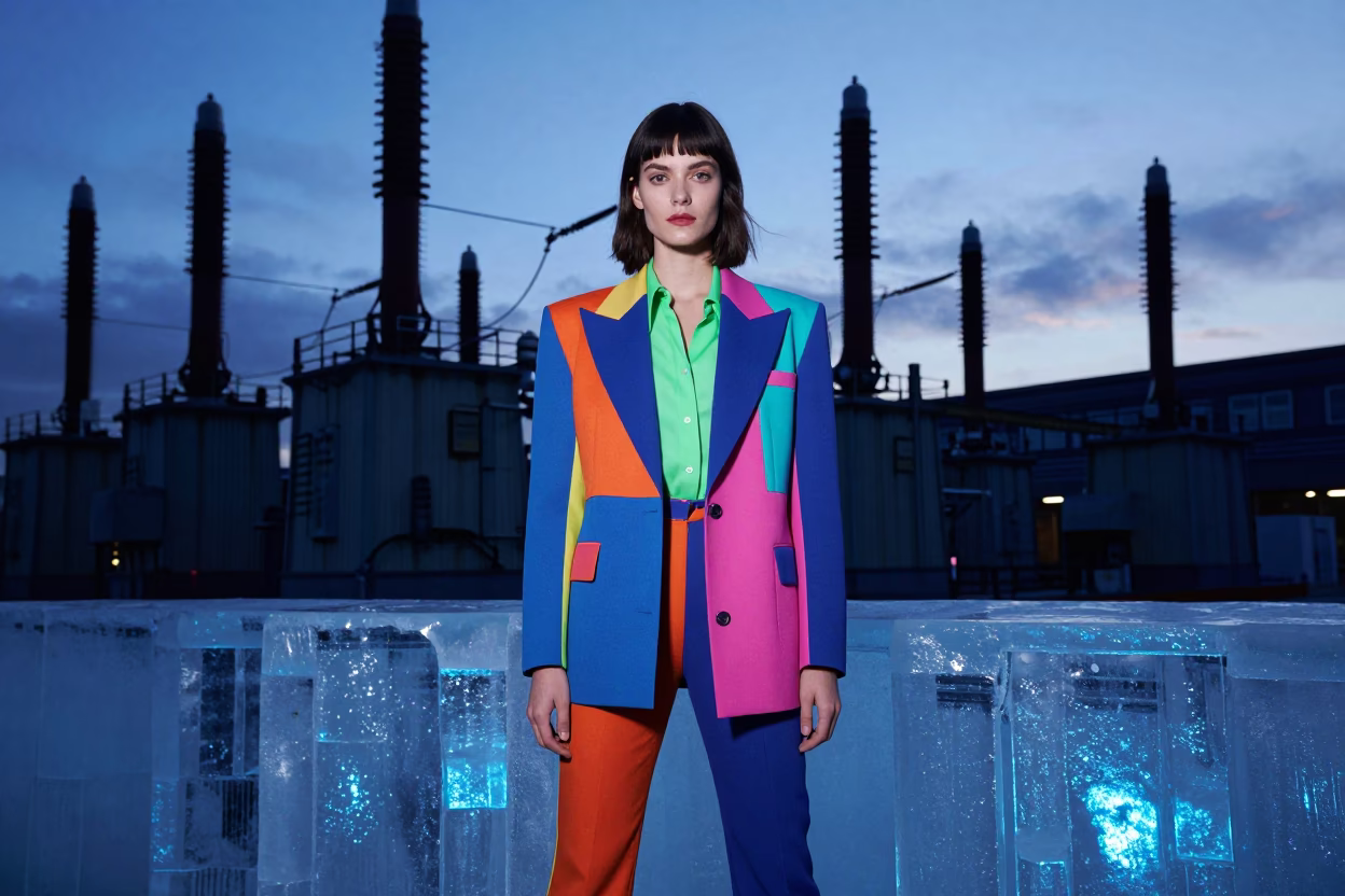 High Fashion London Indigo Twilight Substation Busbars Glowing Ice Blue in in London, United Kingdom