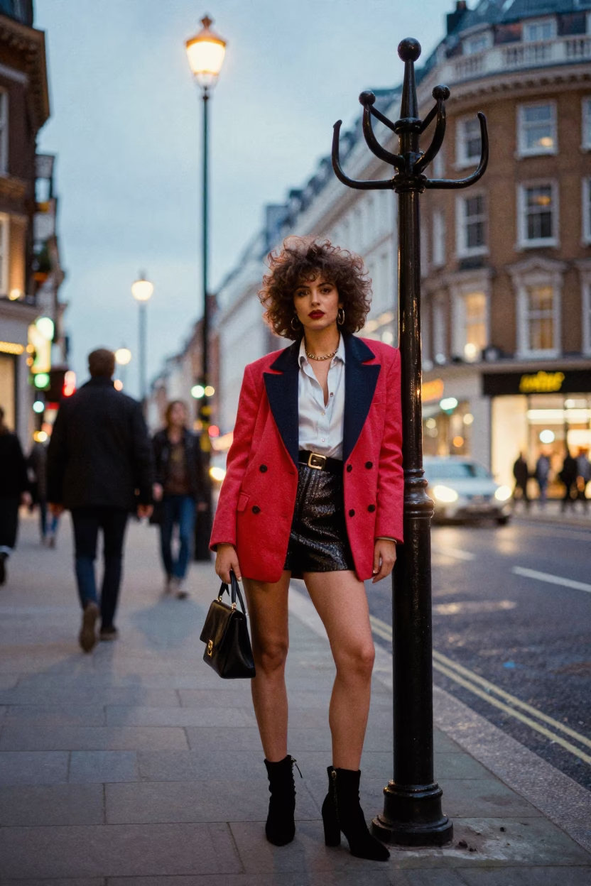 High Fashion London Street Scene at Dusk with Vintage Coat Stand and Urban Glow in in London, United Kingdom