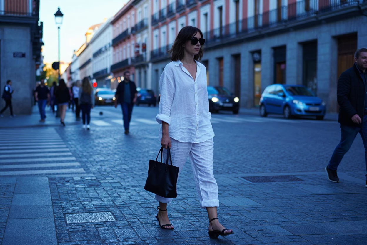 High Fashion Madrid Street Style Before Sunrise with Linen Curtains and Monorail in in Madrid, Spain