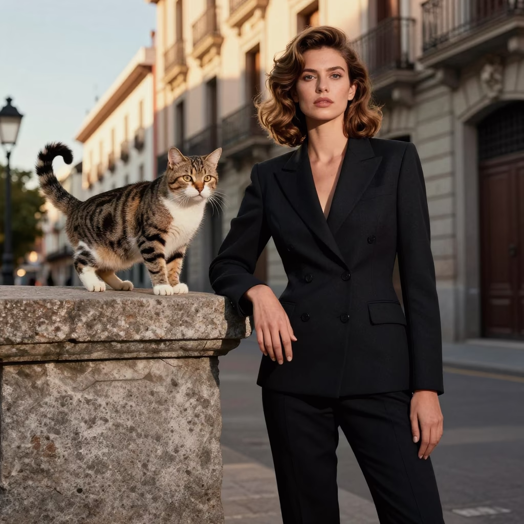 High Fashion Madrid Street Style Early Afternoon Portrait with Curled Tail Cat in in Madrid, Spain