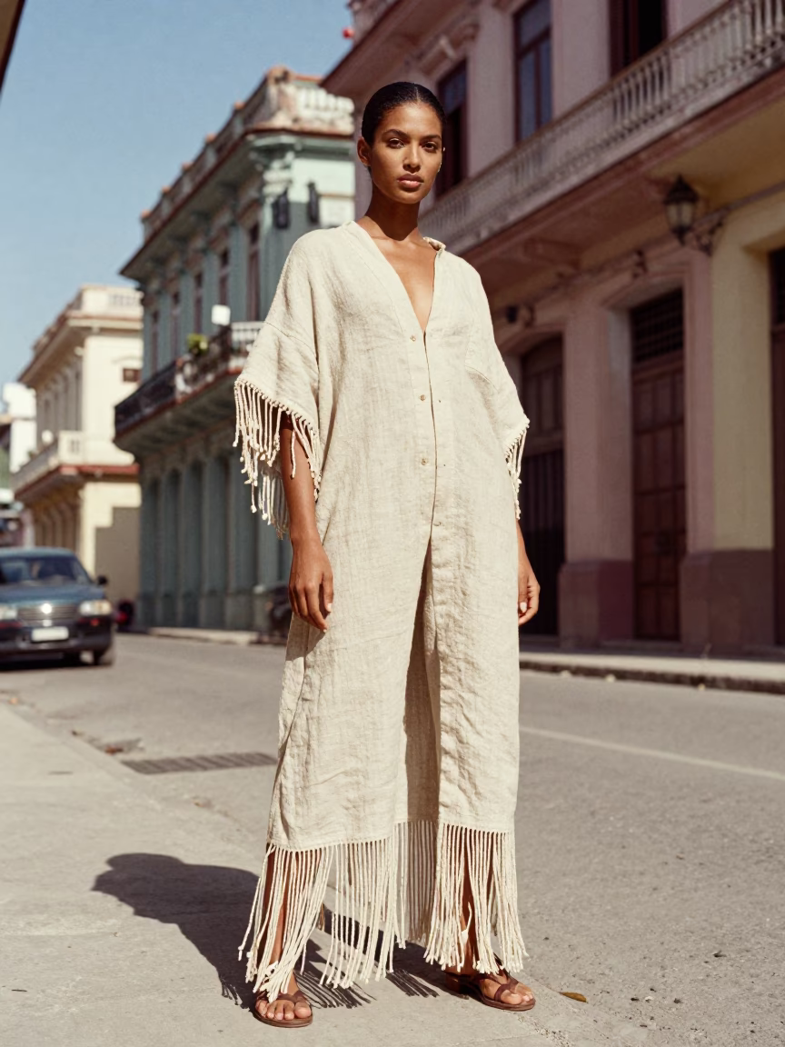 High Fashion Midday Portrait in Havana Cuba with Vintage Linen Fringe and Embroidered Details in in Havana, Cuba