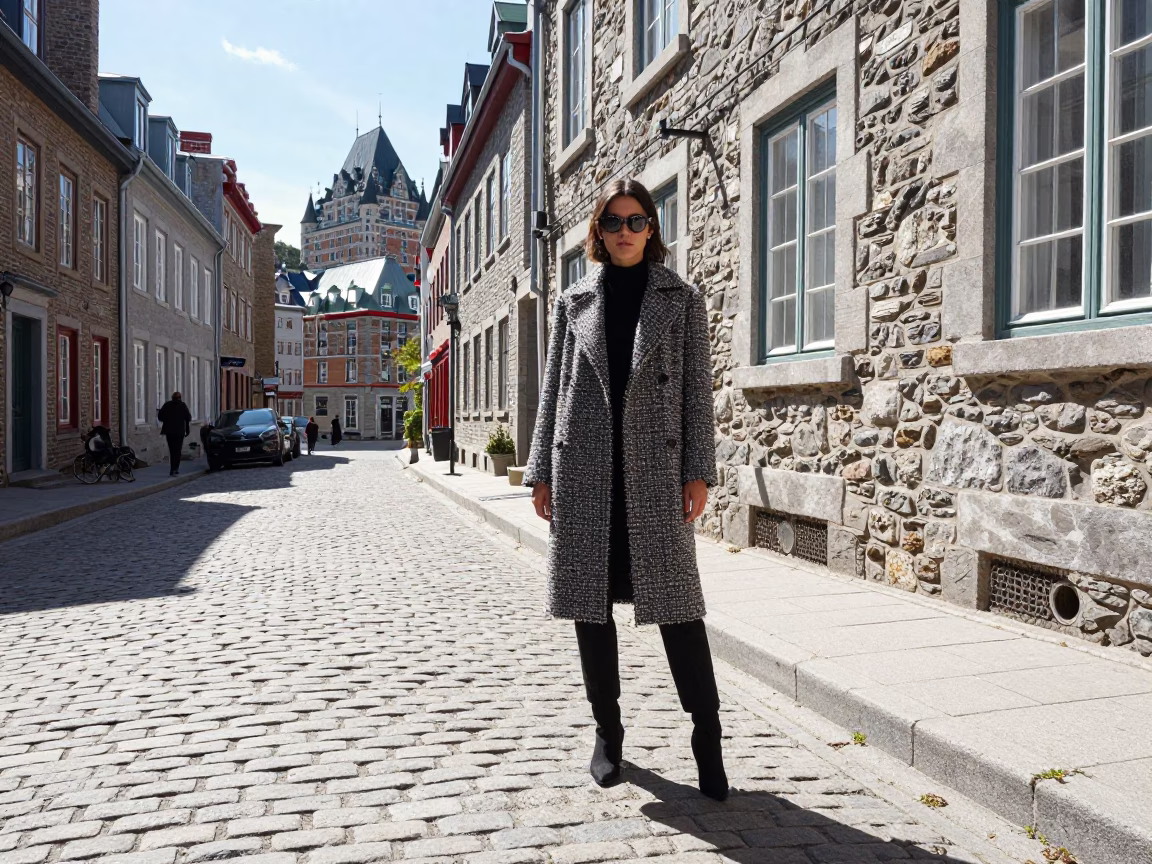 High Fashion Midday Street Style in Quebec City Historic District in in Quebec City, Quebec, Canada