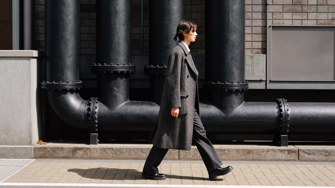 High Fashion Midday Street Style in Sapporo Japan with Exposed District Heating Pipes in in Sapporo, Japan