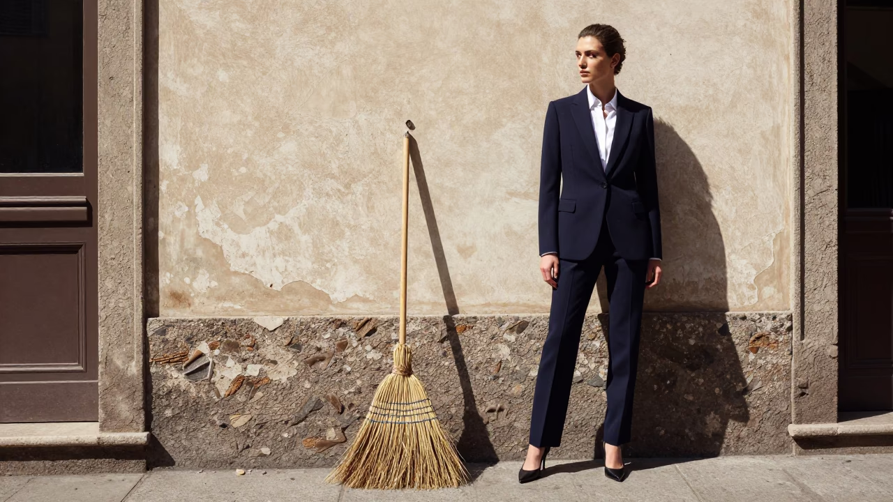 High Fashion Milan Noon Street Scene with Broom and Wall Hook Details in in Milan, Italy