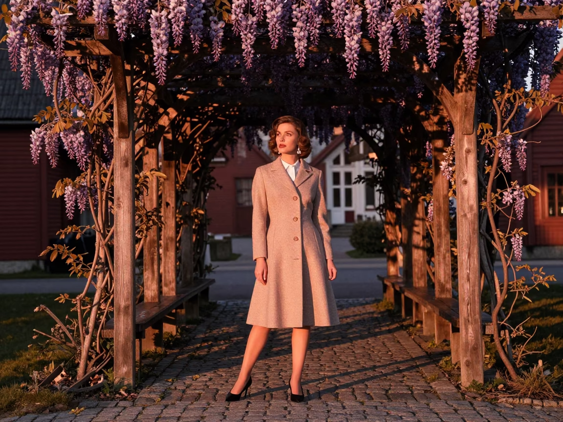 High Fashion Model in 1950s Bergen Norway Wisteria Pergola Before Dusk in in Bergen, Norway