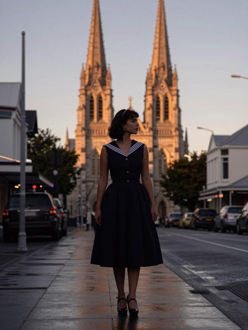 High Fashion Model in 1950s Christchurch Nautical Dawn Street Style in in Christchurch, New Zealand
